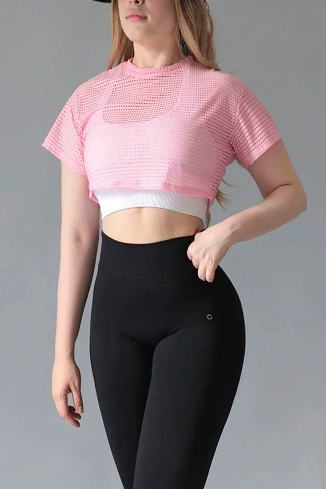 Crop Top Mesh Layered Pink & White