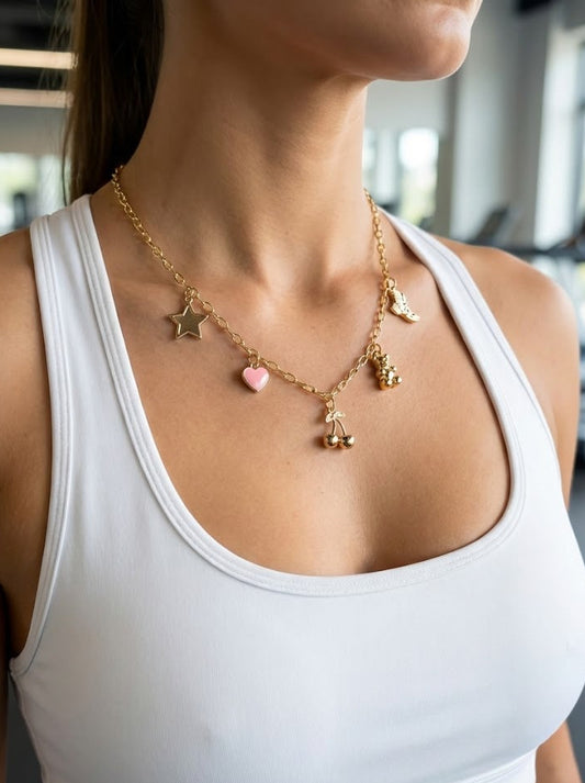 Iconic Charm: Golden Statement Necklace 🧸🍒✨