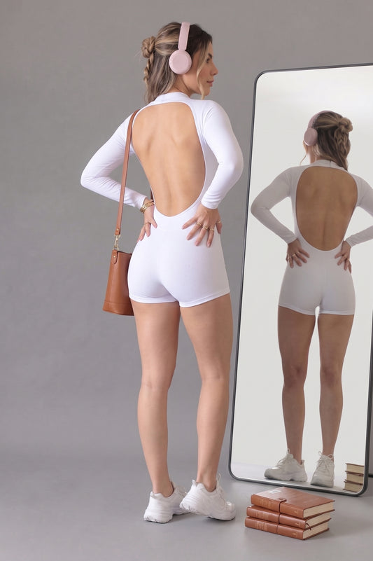 Romper Manga Larga Open Back Pure White Shimmer