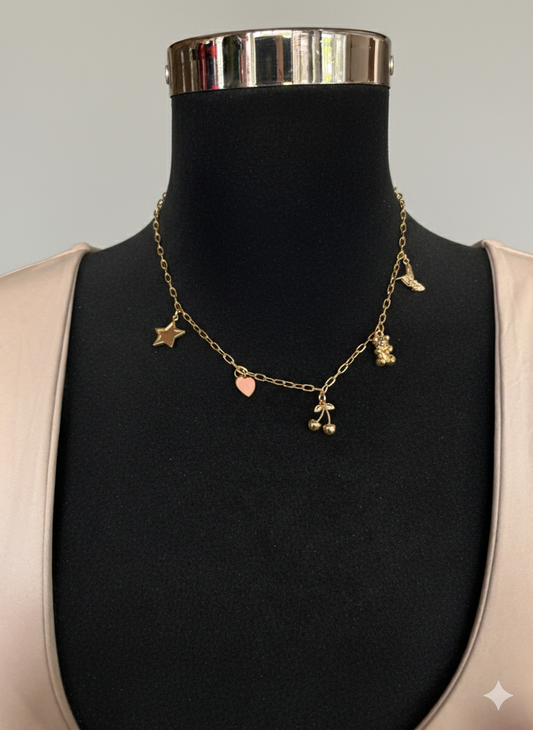 Iconic Charm: Golden Statement Necklace 🧸🍒✨
